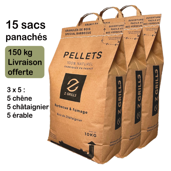 Palette panachée de 15 sacs de pellets (150 kg), 5 Chêne, 5 Châtaignier, 5 Érable à sucre